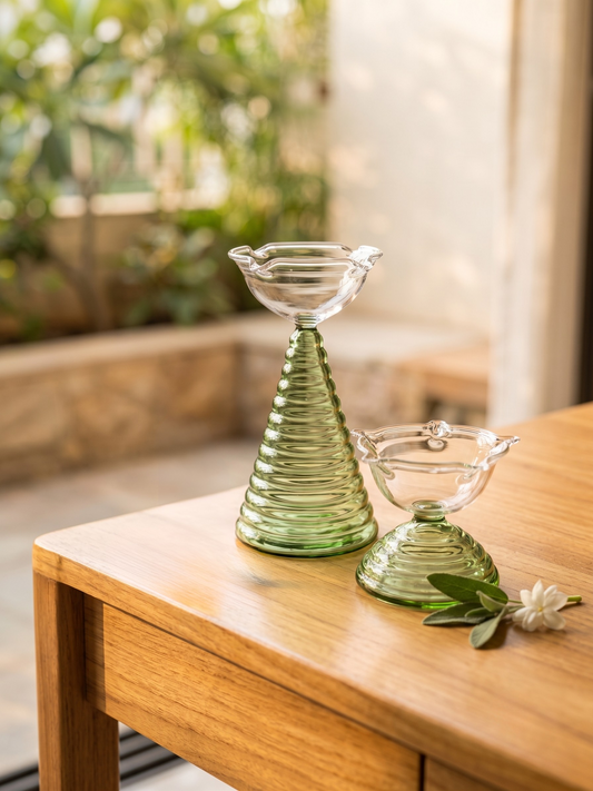 Satvika Handcrafted Borosilicate Glass Diya Set (1 Tall & 1 Small)