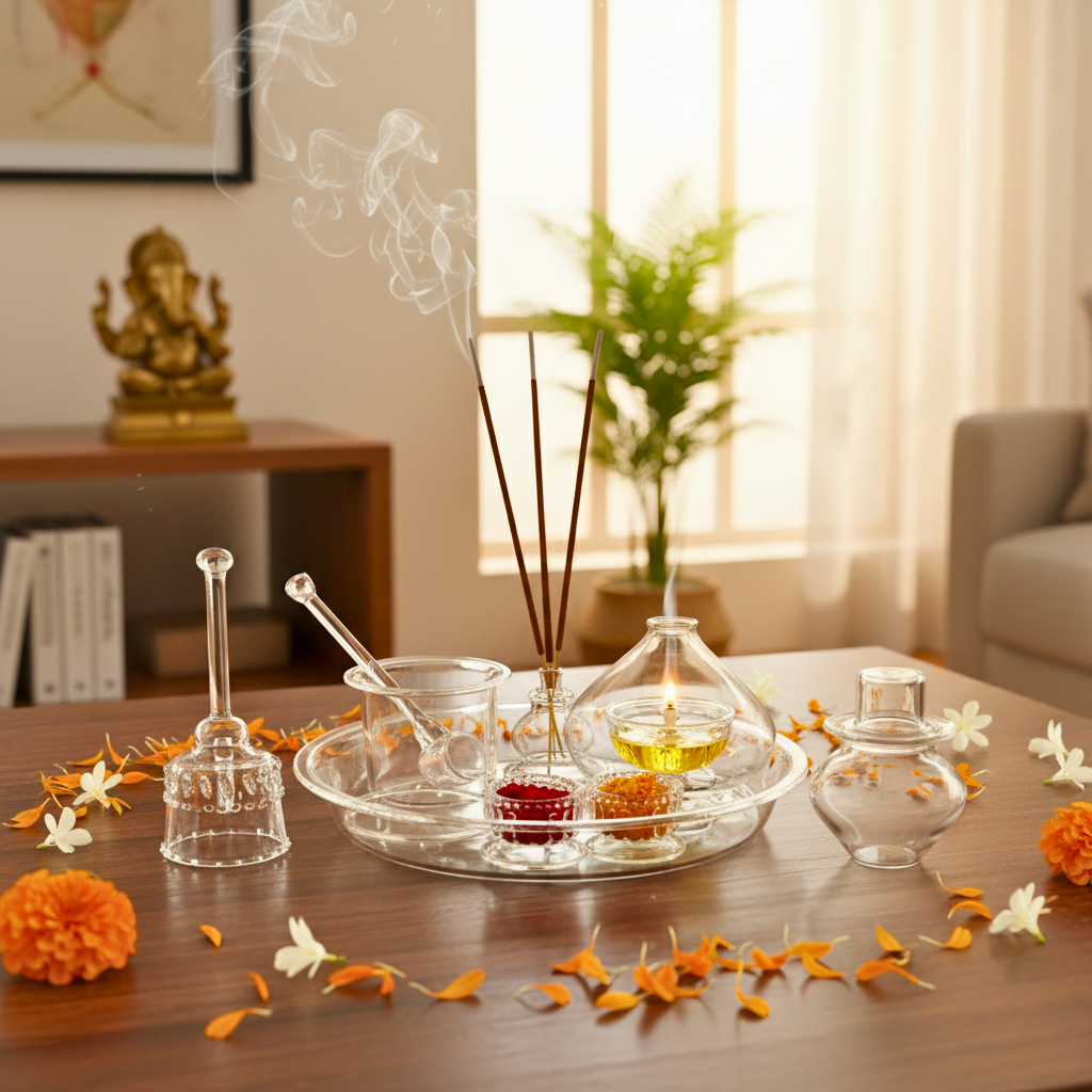 Handcrafted borosilicate glass puja thali set with agarbatti stand and diya for daily pooja ritual