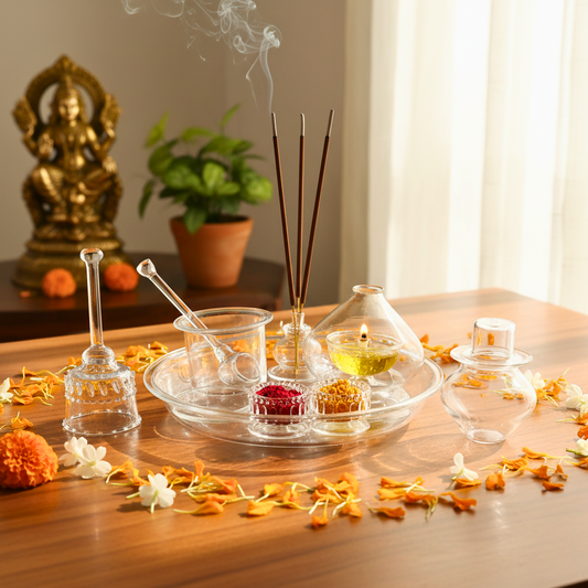 Complete puja thali set including 7-inch Taman (plate), a ceremonial bell, a 8H diya handi (oil lamp), a pela (water vessel), a pali (spoon), Prasad vati, Tambya small and an agarbatti ghar (incense holder).
