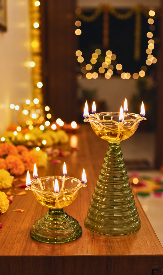 Satvika Handcrafted Borosilicate Glass Diya Set (1 Tall & 1 Small)