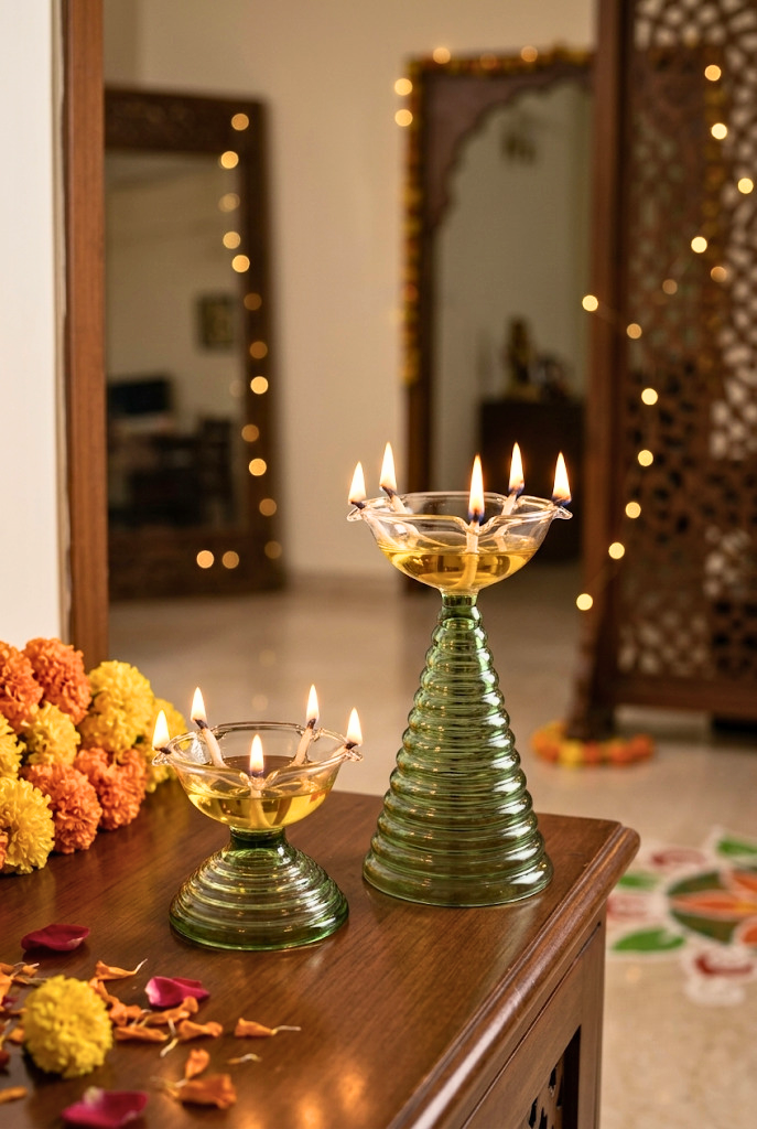 Satvika Handcrafted Borosilicate Glass Diya Set (1 Tall & 1 Small)