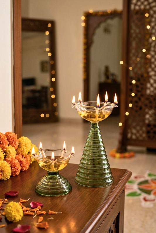 Satvika Handcrafted Borosilicate Glass Diya Set (1 Tall & 1 Small)